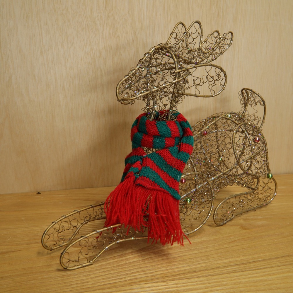 Gold Wire Reindeer Figurine Christmas Decor Glitter Ornaments Scarf 13 Inch